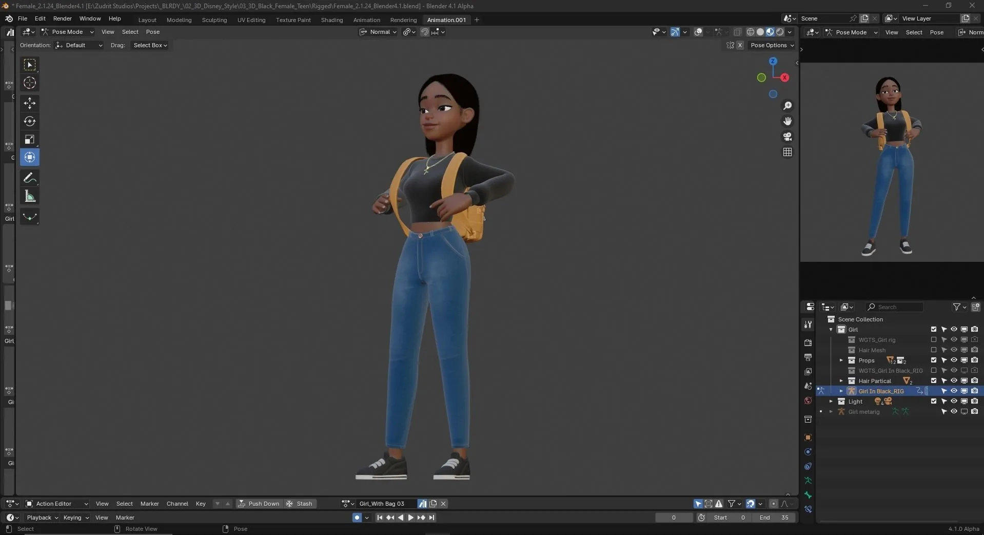 Cartoon Black Woman Teen 3D character model front view